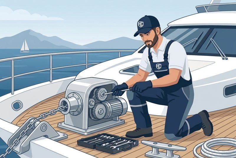 İllüstrasyon: teknisyen güvertede ırgat (windlass) bakımı yapıyor.