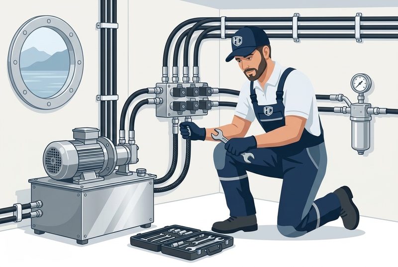 İllüstrasyon: teknisyen hidrolik güç ünitesi ve valf bloğu bağlantıları üzerinde çalışıyor.