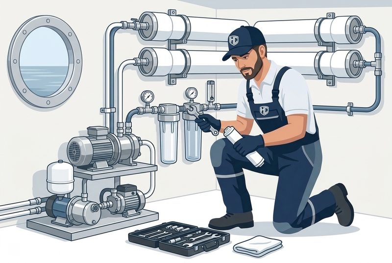 İllüstrasyon: teknisyen watermaker filtreleri ve yüksek basınç pompası üzerinde bakım yapıyor.